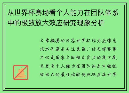 从世界杯赛场看个人能力在团队体系中的极致放大效应研究现象分析 从世界杯赛场看个人能力在团队体系中的极致放大效应研究现象分析